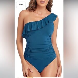 Hilor aquamarine blue one shoulder One Piece ruffle trim Swimsuit Women’s US 16